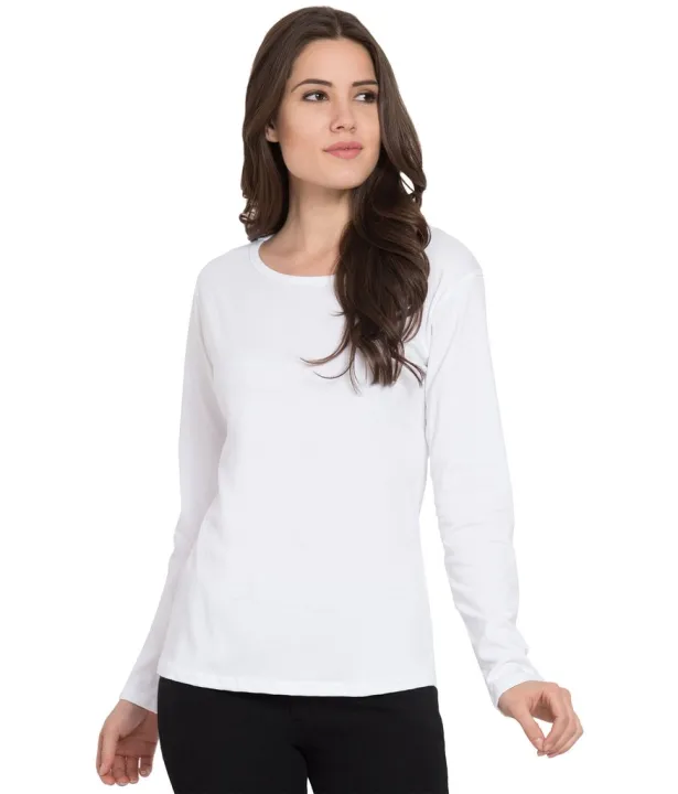 Basic White Round Neck Full Sleeve T-Shirt for Women