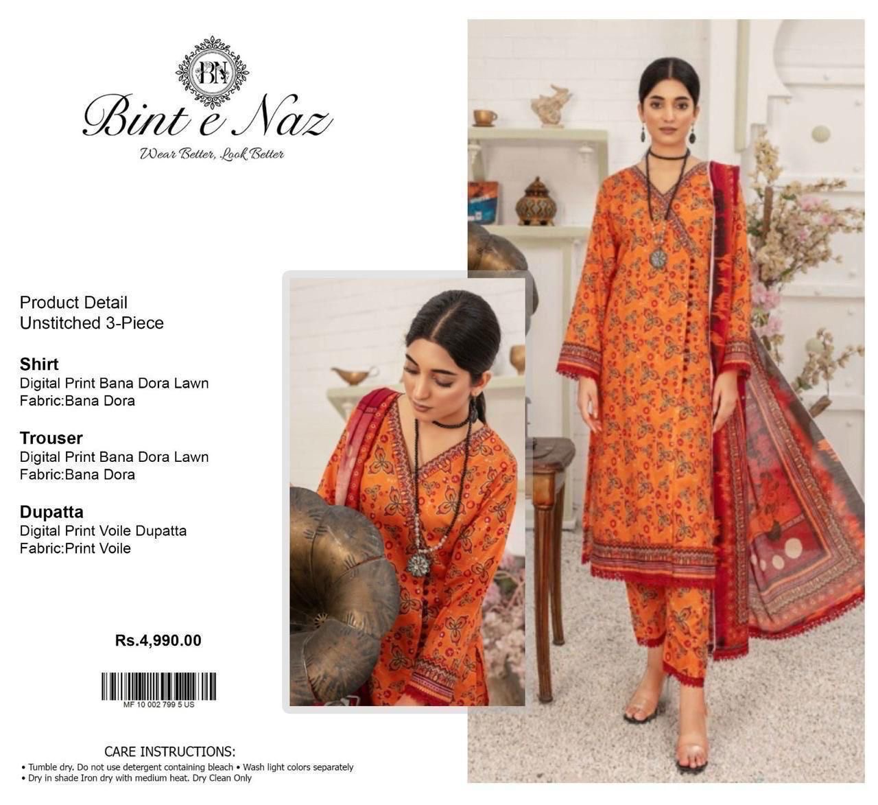 Binte Naz 3 piece digital printed bana dora lawn