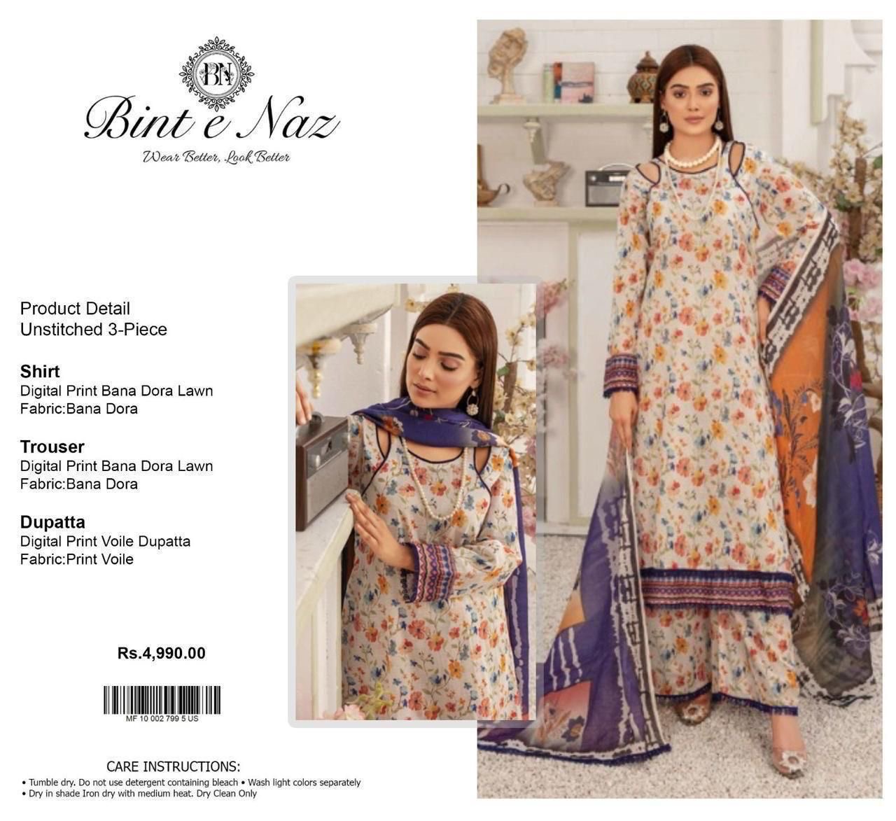 Binte Naaz 3 piece digital printed bana dora collection